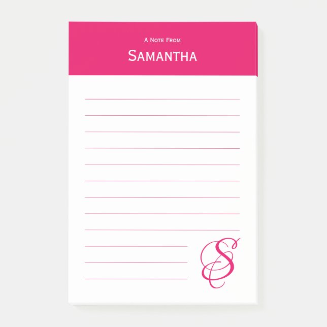 Personalized Name Pink Elegant Monogram Lined Post-it Notes (Front)