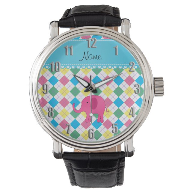 Personalized name pink elephant colourful argyle watch (Front)