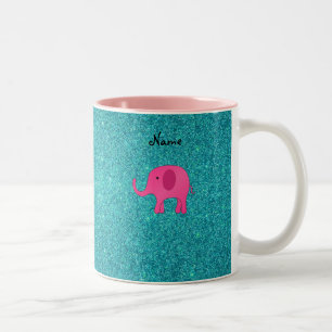 Personalized name pink elephant turquoise glitter Two-Tone coffee mug