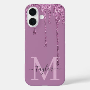 Personalized Name Pink Fake Glitter Drip Monogram iPhone 16 Case