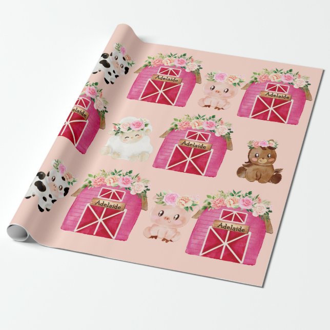 Personalized Name Pink Farm/ Floral Barn Gift Wrap (Unrolled)
