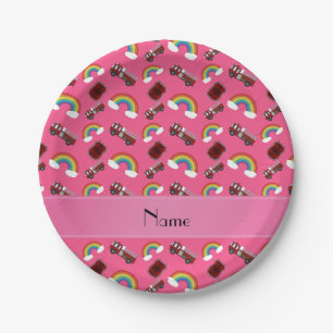 Personalized name pink fire trucks rainbows paper plate