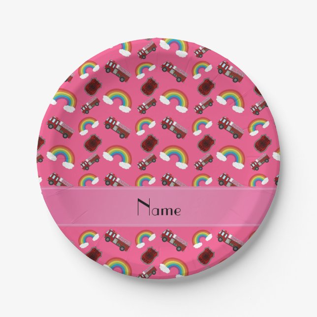 Personalized name pink fire trucks rainbows paper plate (Front)