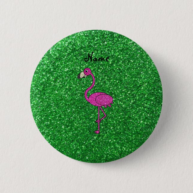 Personalized name pink flamingo green glitter 2 inch round button (Front)