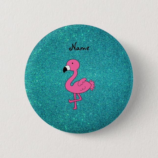 Personalized name pink flamingo turquoise glitter 2 inch round button (Front)