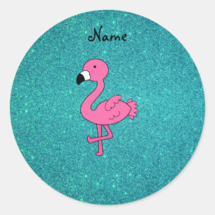 Personalized name pink flamingo turquoise glitter classic round sticker