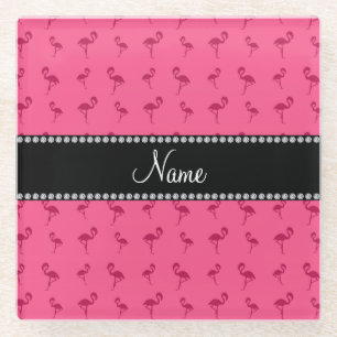 Personalized name pink flamingos glass coaster