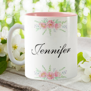 Personalized Name Pink Floral Custom Coffee   Two-Tone Coffee Mug