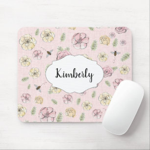 Personalized Name Pink Floral Mouse Pad