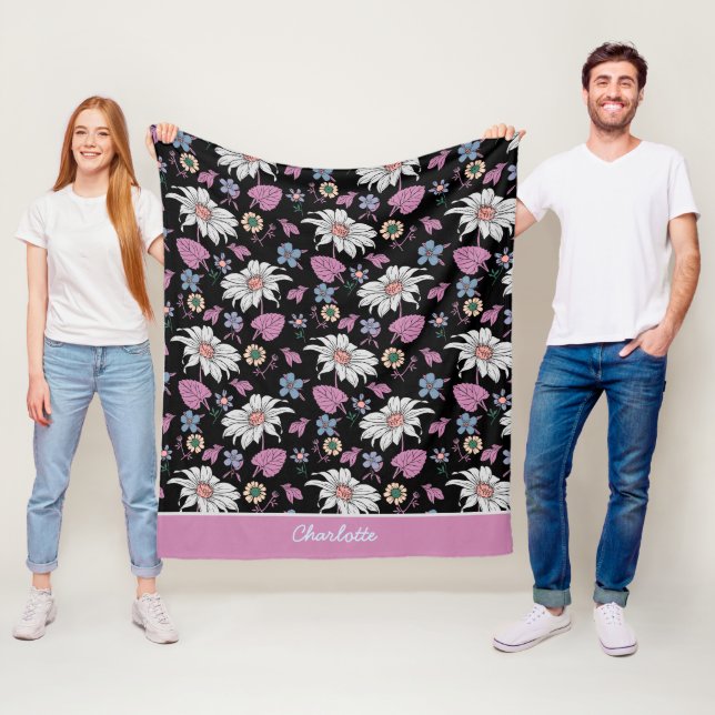 Personalized name pink floral seamless pattern fleece blanket (In Situ)