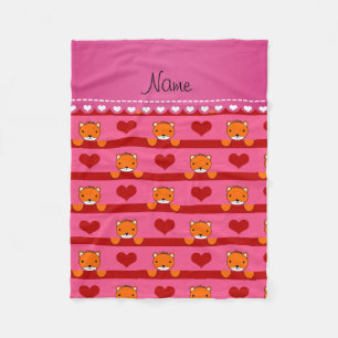 Personalized name pink foxes red hearts stripes fleece blanket