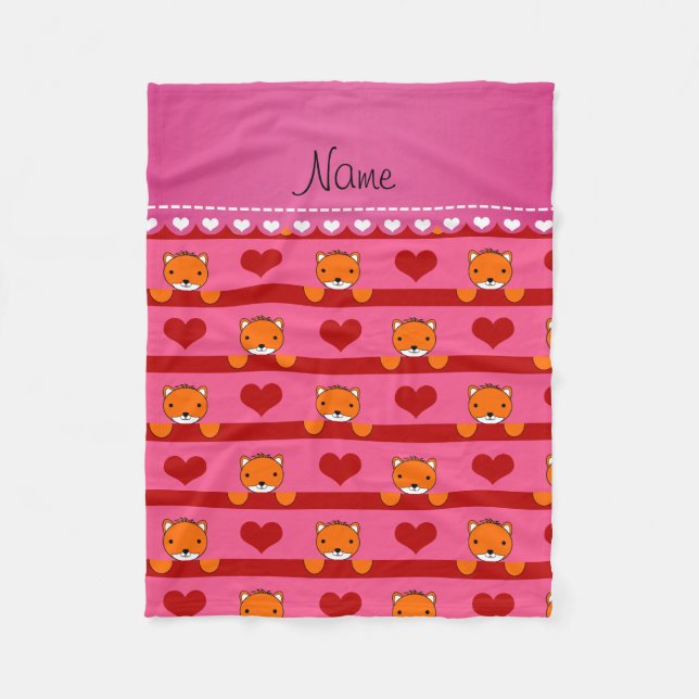 Personalized name pink foxes red hearts stripes fleece blanket (Front)