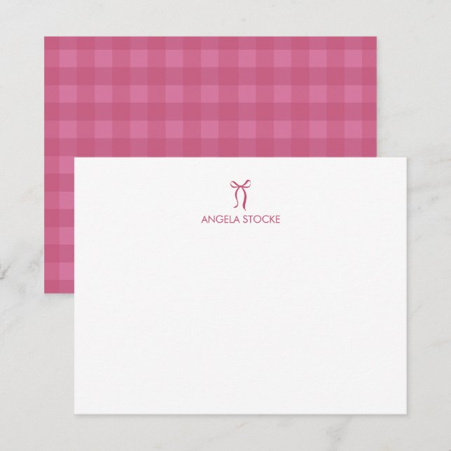 Personalized Name Pink Gingham Bow Note Card (Front/Back)