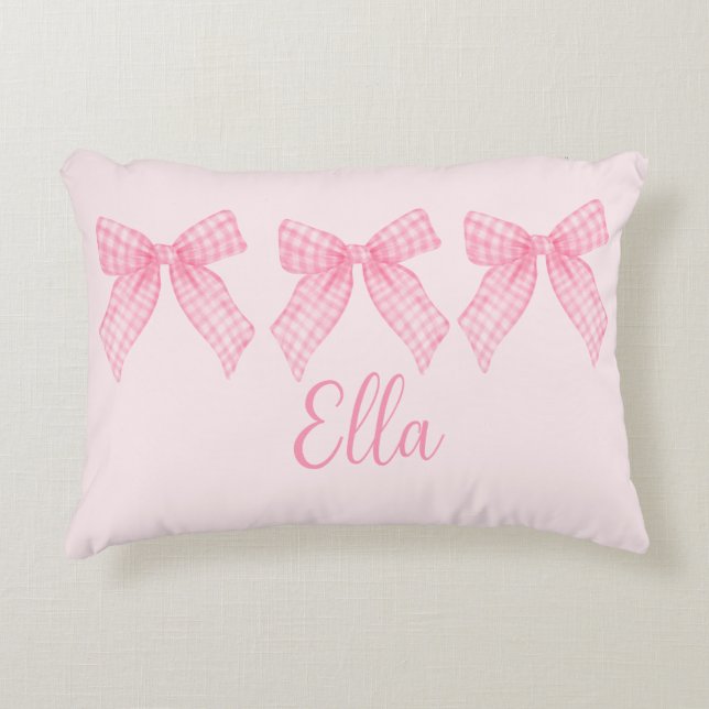 Personalized Name Pink Gingham Coquette Bow Pillow (Front)