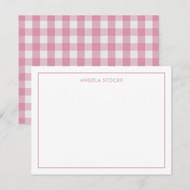 Personalized Name Pink Gingham Note Card (Front/Back)
