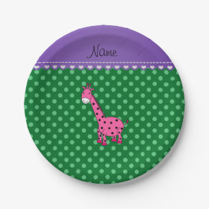 Personalized name pink giraffe green polka dots paper plate