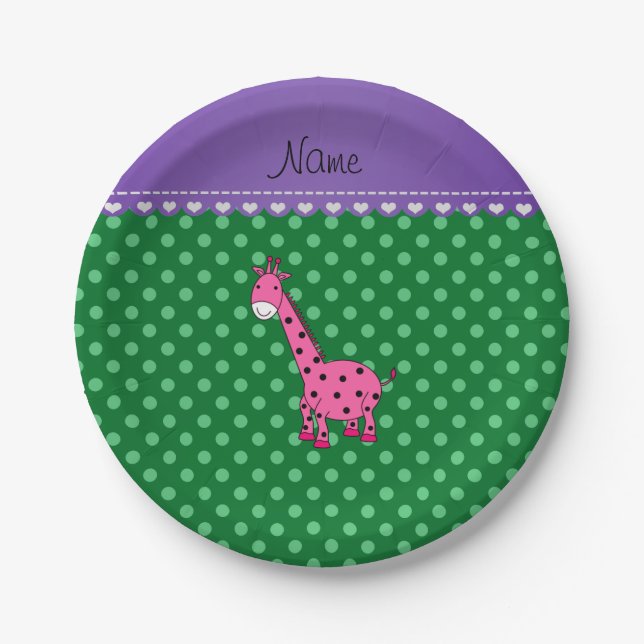 Personalized name pink giraffe green polka dots paper plate (Front)