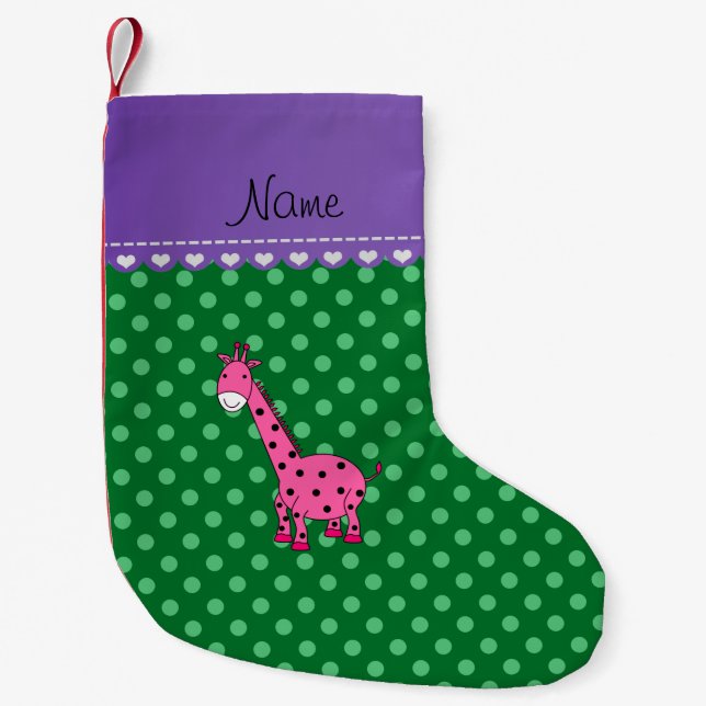 Personalized name pink giraffe green polka dots small christmas stocking (Front)