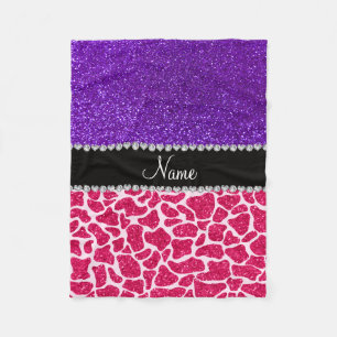 Personalized name pink giraffe purple glitter fleece blanket