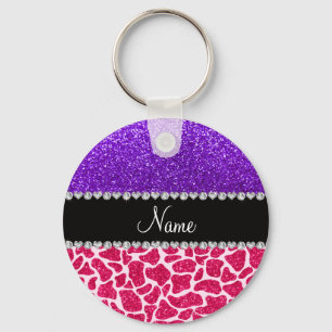 Personalized name pink giraffe purple glitter keychain
