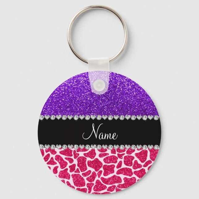 Personalized name pink giraffe purple glitter keychain (Front)