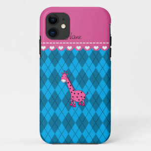 Personalized name pink giraffe sky blue argyle iPhone 11 case