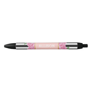 Personalized Name Pink Glam Black Stripes Peony Ink Pen