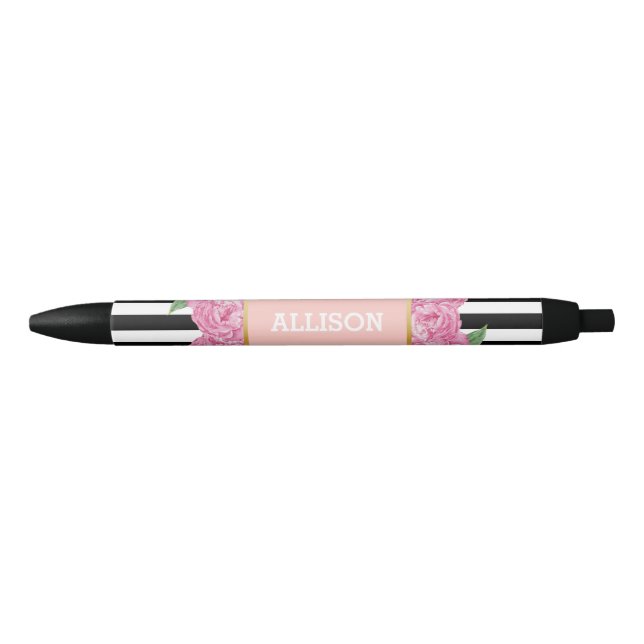 Personalized Name Pink Glam Black Stripes Peony Ink Pen (Front)