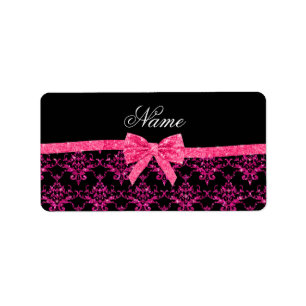 Personalized name pink glitter damask pink bow label