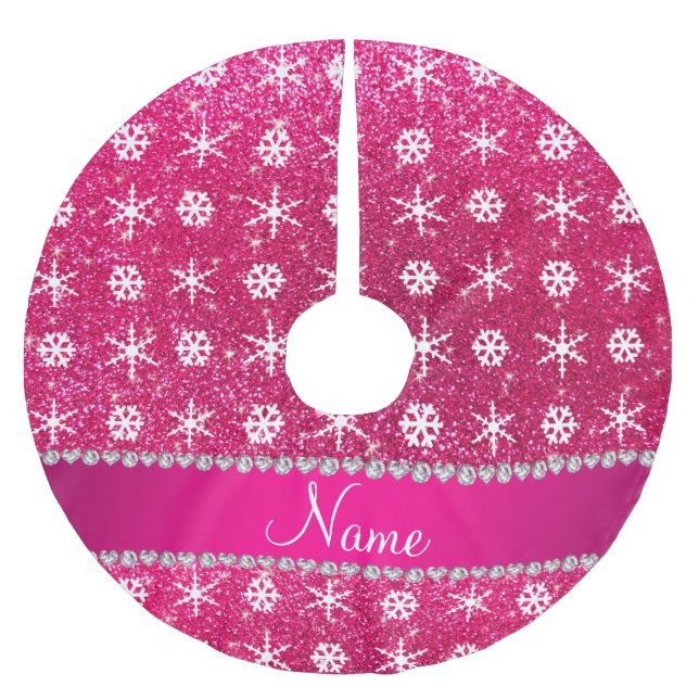 Personalized name pink glitter white snowflakes brushed polyester tree skirt (Front)