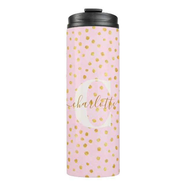 Personalized Name Pink Gold Confetti Polka Dots Thermal Tumbler (Front)
