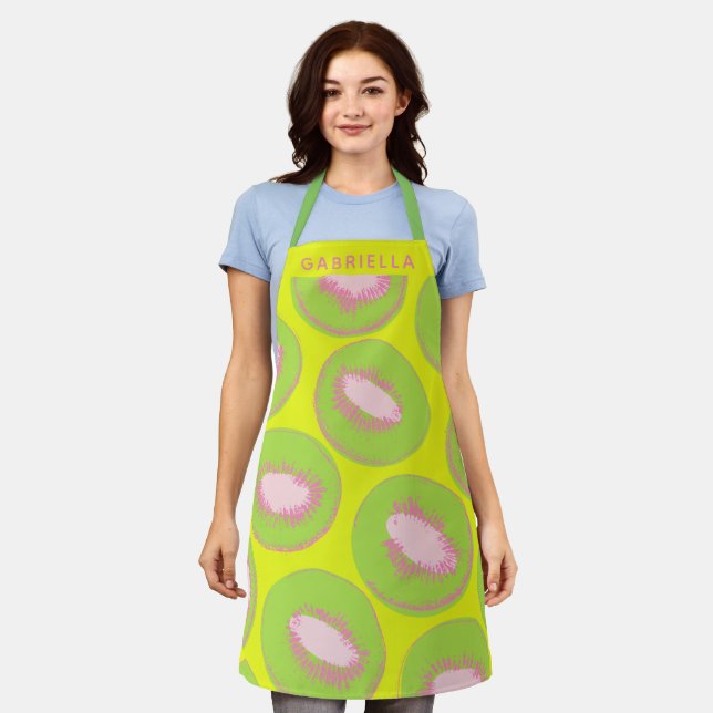Personalized Name Pink Green Kiwi Fruit Summer Apron (Worn)