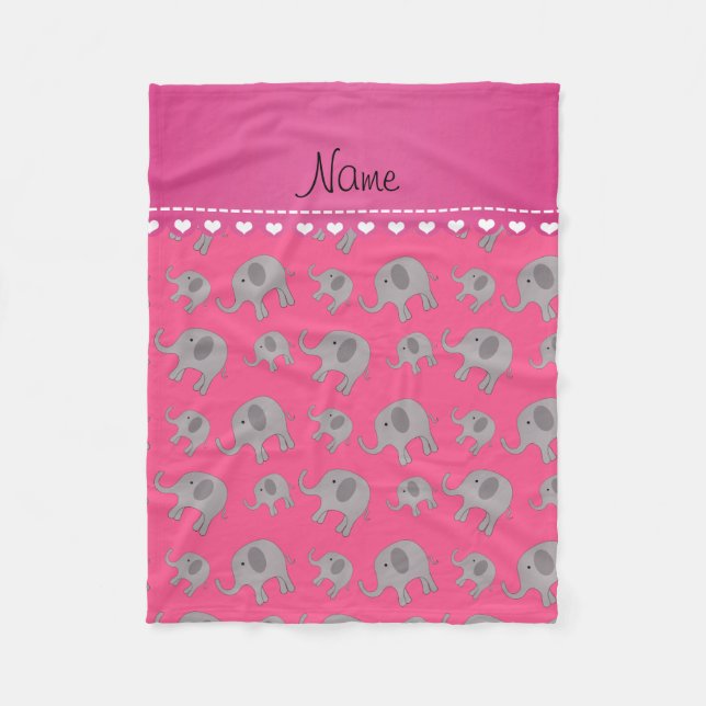 Personalized name pink grey elephants fleece blanket (Front)