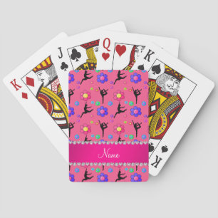 Personalized name pink gymnastics flowers playing cards