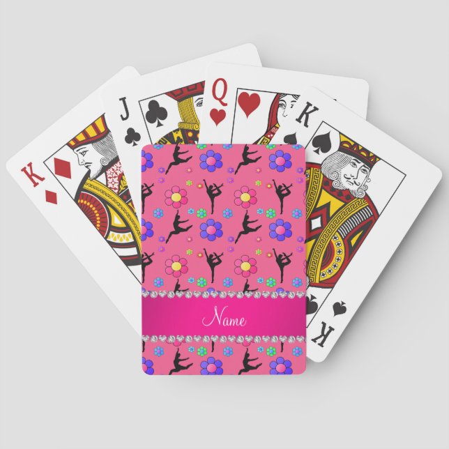 Personalized name pink gymnastics flowers playing cards (Back)