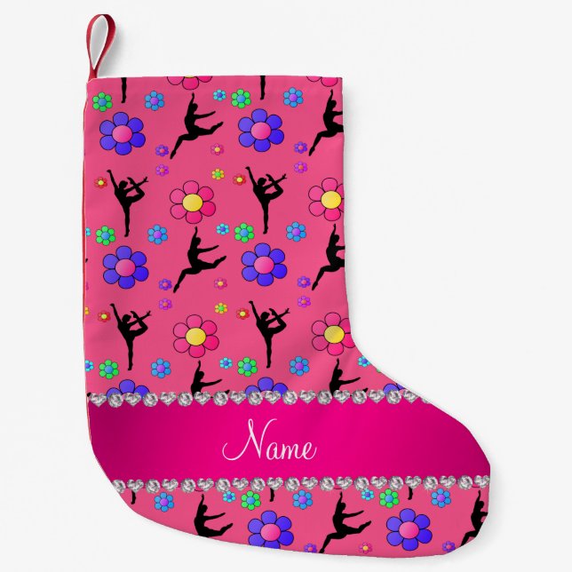 Personalized name pink gymnastics flowers small christmas stocking (Front)