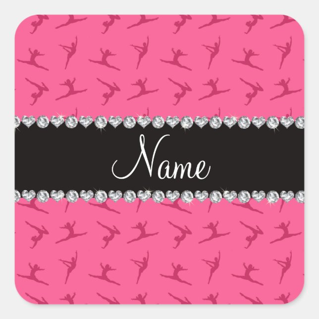 Personalized name pink gymnastics pattern square sticker (Front)