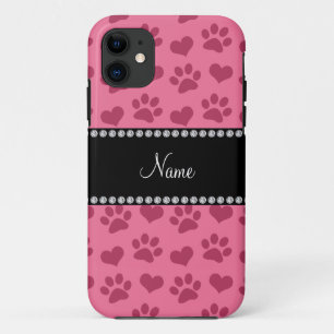 Personalized name pink hearts and paw prints iPhone 11 case