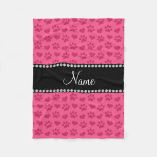 Personalized name pink hearts and paw prints fleece blanket