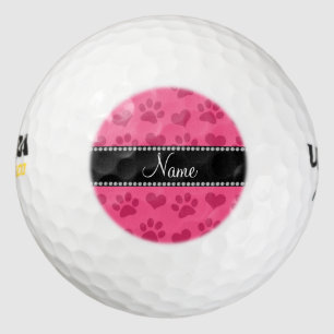 Personalized name pink hearts and paw prints golf balls