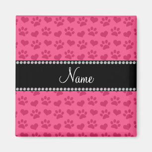 Personalized name pink hearts and paw prints magnet