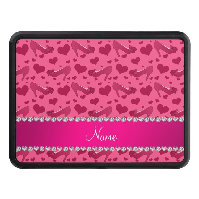 Personalized name pink hearts shoes bows trailer hitch cover (Front)