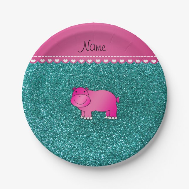 Personalized name pink hippo turquoise glitter paper plate (Front)