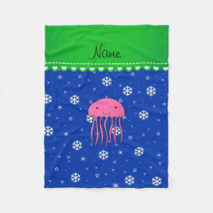 Personalized name pink jellyfish blue snowflakes fleece blanket