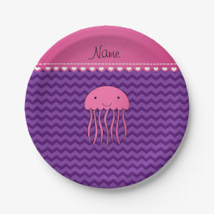 Personalized name pink jellyfish purple chevrons paper plate