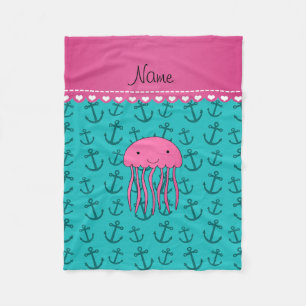 Personalized name pink jellyfish turquoise anchors fleece blanket