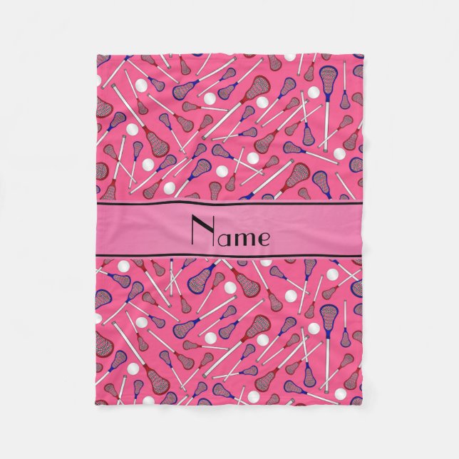 Personalized name pink lacrosse pattern fleece blanket (Front)