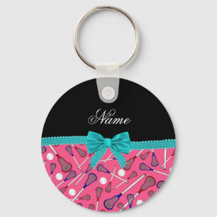 Personalized name pink lacrosse turquoise bow keychain