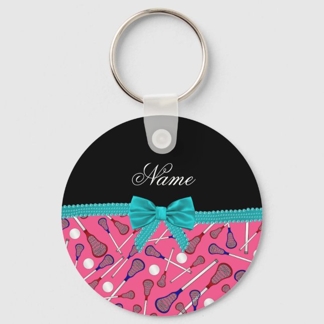 Personalized name pink lacrosse turquoise bow keychain (Front)
