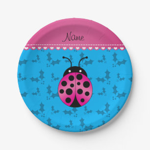 Personalized name pink ladybug sky blue holly paper plate